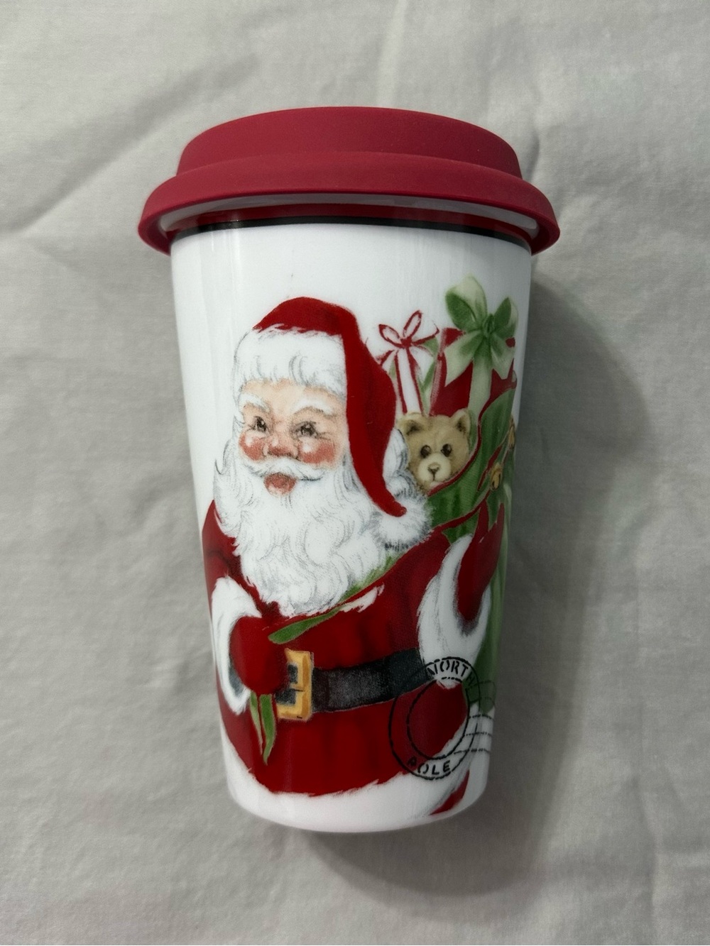 Fitz and Floyd Letters to Santa Ceramic Travel Mug Red Silicone Lid Christmas⁠